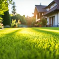 Beautiful view on cute backyard in sunny day, fresh green grass lawn in sunlight, landscaping in the garden, beauty of summer season.